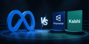 Logos de Polymarket y kalshi compitiendo con Meta.