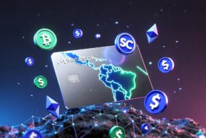 Tarjeta de débito MetaMask metálica cromada en primer plano con su logo, flotando sobre un mapa estilizado de América Latina iluminado en neón azul y verde. Elementos cripto flotando alrededor: iconos de USDT, USDC, Ethereum y dólares.