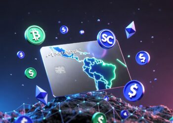 Tarjeta de débito MetaMask metálica cromada en primer plano con su logo, flotando sobre un mapa estilizado de América Latina iluminado en neón azul y verde. Elementos cripto flotando alrededor: iconos de USDT, USDC, Ethereum y dólares.