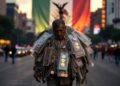 Un hombre mexicano de mediana edad, mestizo, con facciones reales, cabello entrecano, expresión de cansancio y preocupación, viste ropa casual cotidiana (camisa de botones y pantalones). Camina por una avenida transitada del Centro de la Ciudad de México al atardecer, con luces doradas y azules del crepúsculo. Sobre sus hombros hay dinero y cadenas.