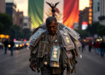 Un hombre mexicano de mediana edad, mestizo, con facciones reales, cabello entrecano, expresión de cansancio y preocupación, viste ropa casual cotidiana (camisa de botones y pantalones). Camina por una avenida transitada del Centro de la Ciudad de México al atardecer, con luces doradas y azules del crepúsculo. Sobre sus hombros hay dinero y cadenas.