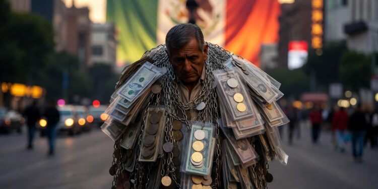 Un hombre mexicano de mediana edad, mestizo, con facciones reales, cabello entrecano, expresión de cansancio y preocupación, viste ropa casual cotidiana (camisa de botones y pantalones). Camina por una avenida transitada del Centro de la Ciudad de México al atardecer, con luces doradas y azules del crepúsculo. Sobre sus hombros hay dinero y cadenas.