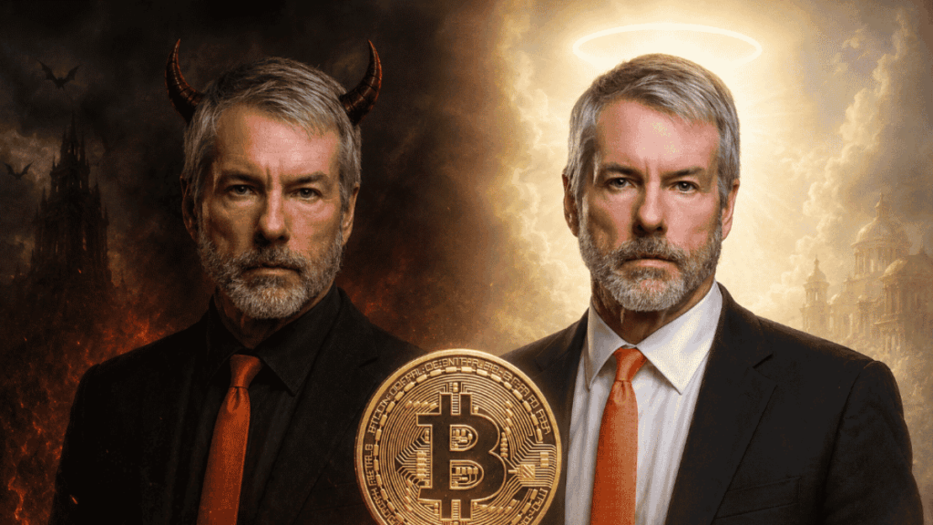 En primer plano: moneda de bitcoin. En el fondo, dos Michael Saylors, uno con aspecto de diablo y otro con aspecto de santo.