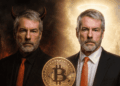 En primer plano: moneda de bitcoin. En el fondo, dos Michael Saylors, uno con aspecto de diablo y otro con aspecto de santo.