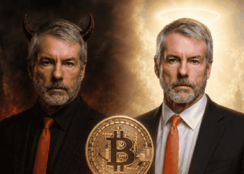 En primer plano: moneda de bitcoin. En el fondo, dos Michael Saylors, uno con aspecto de diablo y otro con aspecto de santo.