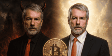 En primer plano: moneda de bitcoin. En el fondo, dos Michael Saylors, uno con aspecto de diablo y otro con aspecto de santo.