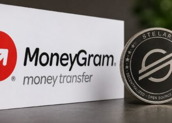 El logo de Moneygram junto a una moneda física de stellar.