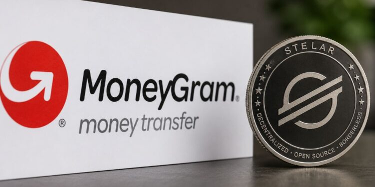 El logo de Moneygram junto a una moneda física de stellar.