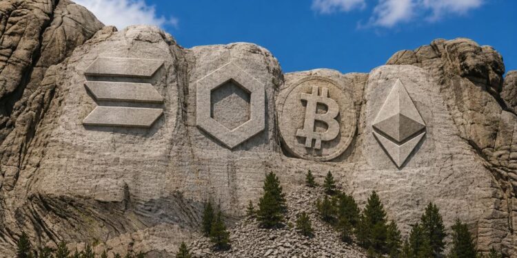 Un monte que tiene tallados los logos de Solana, Chainlink, Bitcoin y Ethereum