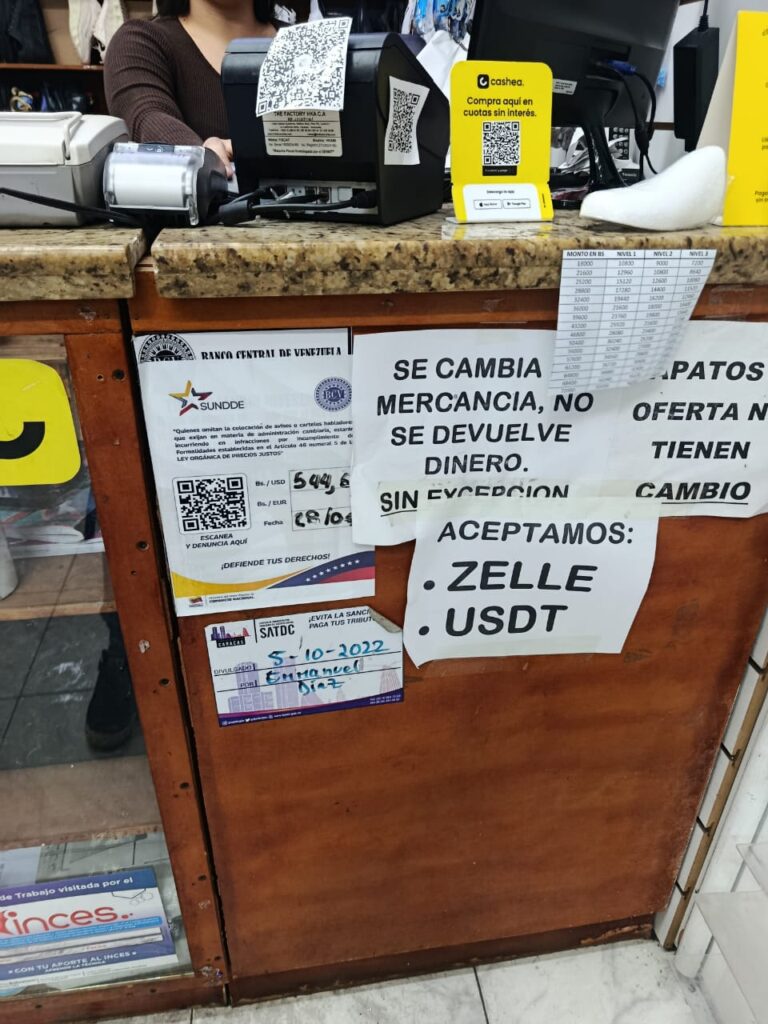 Photograph of a commercial establishment in Caracas, Venezuela, with posters and signs on the bar.