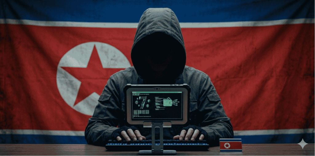Bandera de Corea de Norte, un hacker.