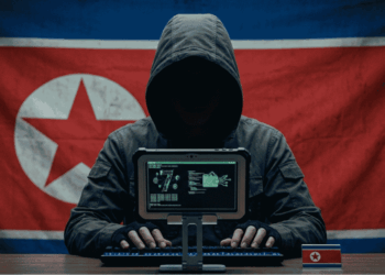 Bandera de Corea de Norte, un hacker.