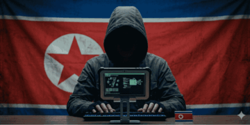 Bandera de Corea de Norte, un hacker.