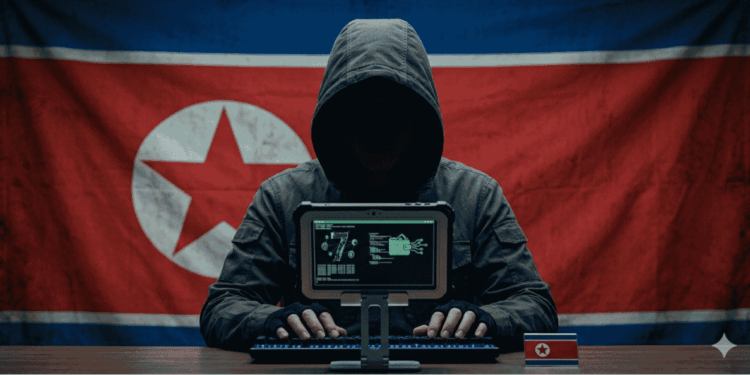 Bandera de Corea de Norte, un hacker.