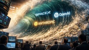 Ola gigante en una bolsa de valores simboliza la histórica emisión de acciones de empresas tecnológicas como SpaceX, OpenAI y Anthropic