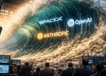 Ola gigante en una bolsa de valores simboliza la histórica emisión de acciones de empresas tecnológicas como SpaceX, OpenAI y Anthropic