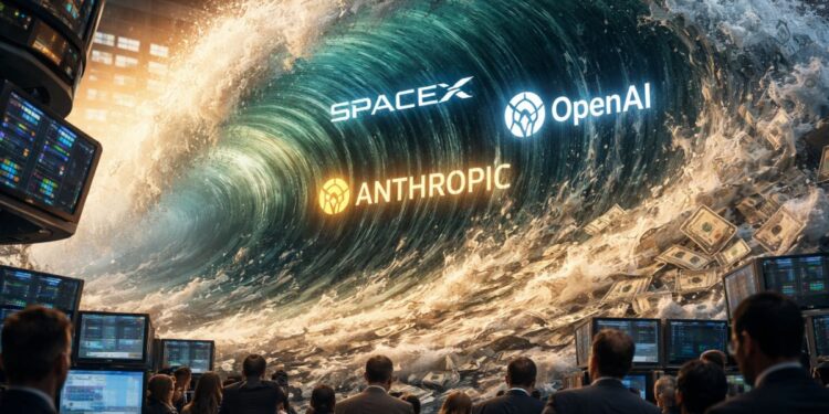 Ola gigante en una bolsa de valores simboliza la histórica emisión de acciones de empresas tecnológicas como SpaceX, OpenAI y Anthropic