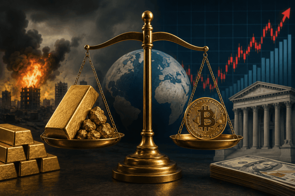 Ilustración financiera de una balanza con oro y bitcoin, acompañada de gráficos de mercado y símbolos de incertidumbre geopolítica.
