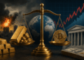 Ilustración financiera de una balanza con oro y bitcoin, acompañada de gráficos de mercado y símbolos de incertidumbre geopolítica.