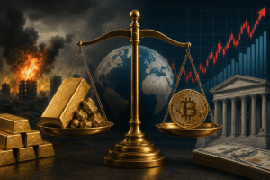 Ilustración financiera de una balanza con oro y bitcoin, acompañada de gráficos de mercado y símbolos de incertidumbre geopolítica.