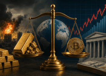 Ilustración financiera de una balanza con oro y bitcoin, acompañada de gráficos de mercado y símbolos de incertidumbre geopolítica.