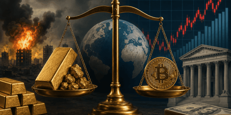 Ilustración financiera de una balanza con oro y bitcoin, acompañada de gráficos de mercado y símbolos de incertidumbre geopolítica.