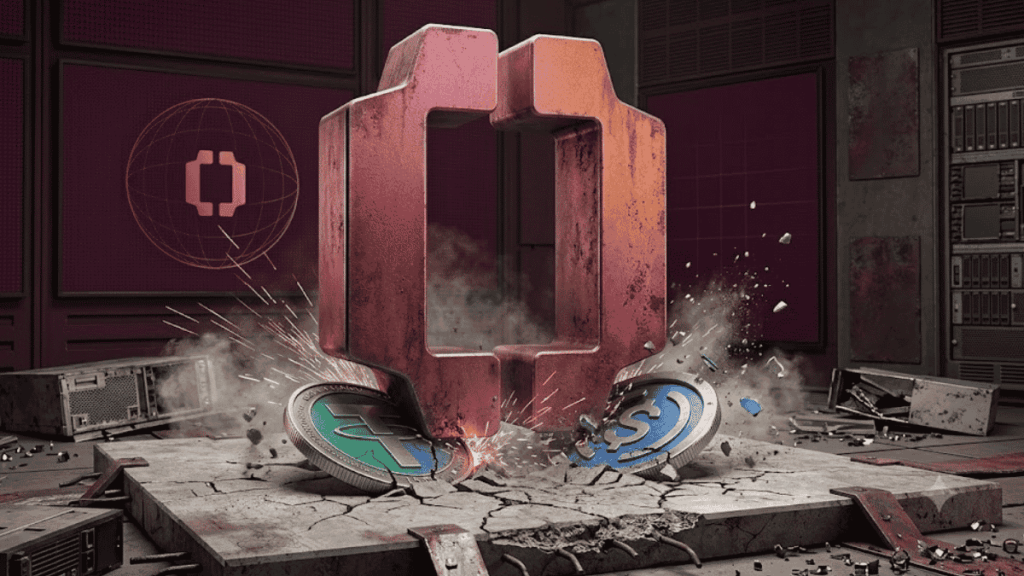Logo de OUSD aplastando a USDT y USDC