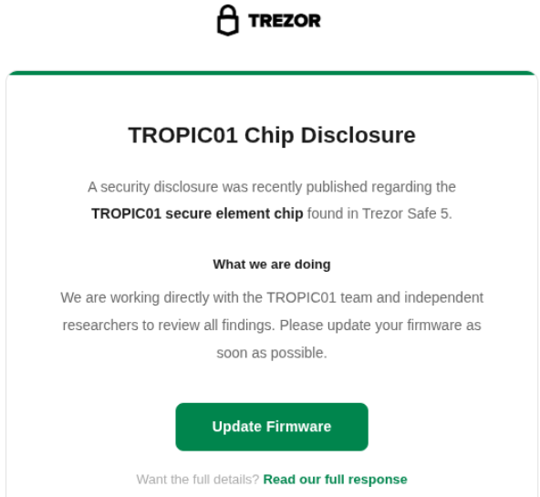A screenshot of a phishing attack campaign using the company Trezor.