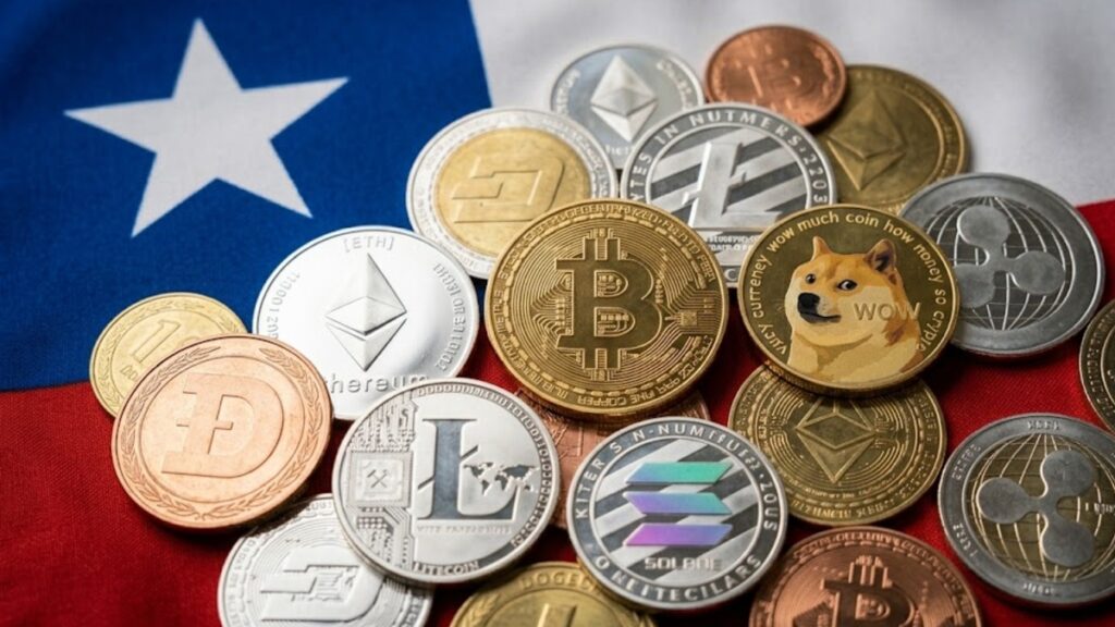 Monedas físicas de bitcoin y criptomonedas sobre la bandera de Chile.
