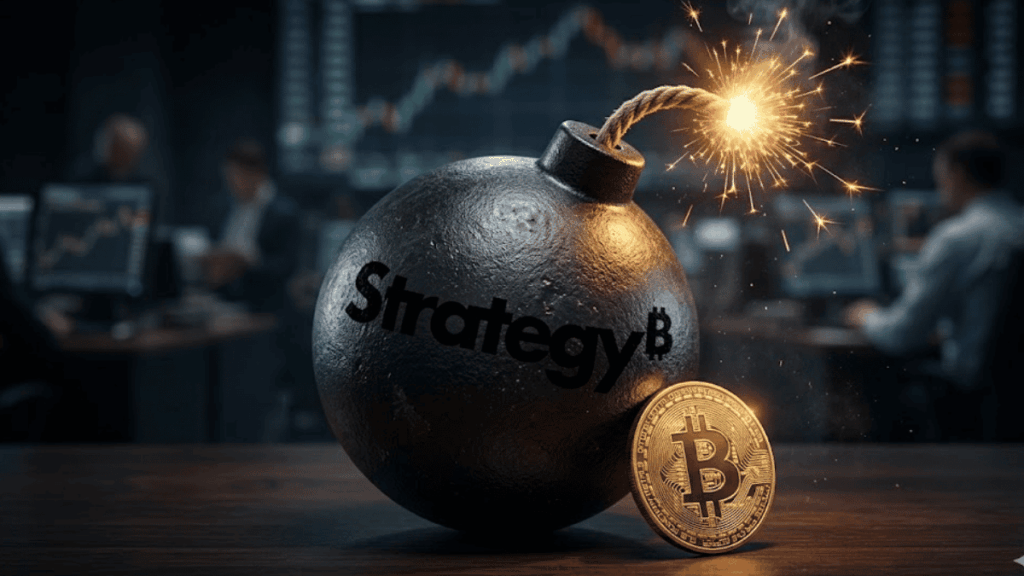 Una bomba con mecha encendida y una moneda de bitcoin al lado.