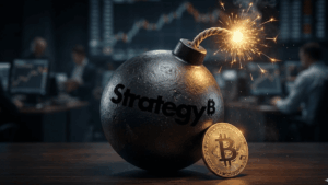 Una bomba con mecha encendida y una moneda de bitcoin al lado.