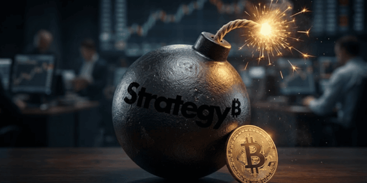 Una bomba con mecha encendida y una moneda de bitcoin al lado.