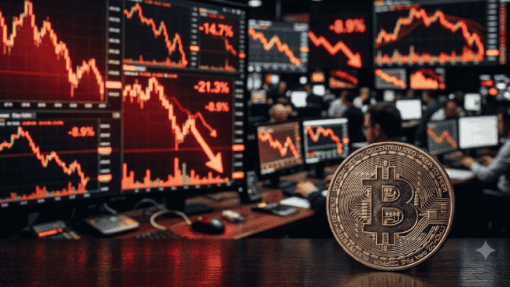 Moneda física de bitcoin y varios gráficos con flechas rojas descendentes.