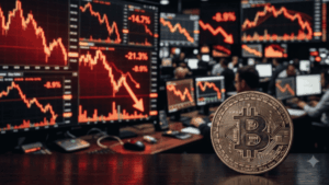Moneda física de bitcoin y varios gráficos con flechas rojas descendentes.