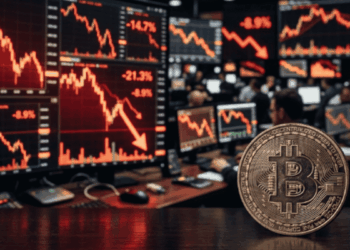 Moneda física de bitcoin y varios gráficos con flechas rojas descendentes.