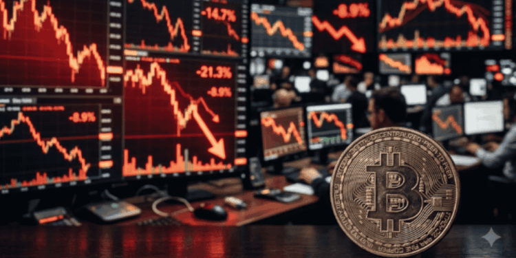 Moneda física de bitcoin y varios gráficos con flechas rojas descendentes.