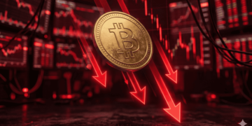 Moneda de bitcoin cayendo, con flechas rojas hacia abajo.