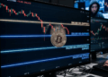 Un monitor de computadora con una moneda de bitcoin cayendo de precio y soportes marcados en un gráfico de precio.