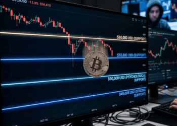 Un monitor de computadora con una moneda de bitcoin cayendo de precio y soportes marcados en un gráfico de precio.