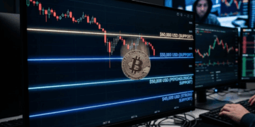 Un monitor de computadora con una moneda de bitcoin cayendo de precio y soportes marcados en un gráfico de precio.