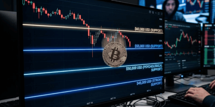 Un monitor de computadora con una moneda de bitcoin cayendo de precio y soportes marcados en un gráfico de precio.