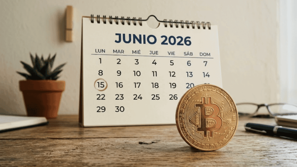 En primer plano: moneda física de bitcoin. En segundo plano: calendario de juni de 2026.