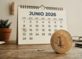 En primer plano: moneda física de bitcoin. En segundo plano: calendario de juni de 2026.