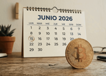 En primer plano: moneda física de bitcoin. En segundo plano: calendario de juni de 2026.