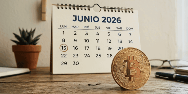 En primer plano: moneda física de bitcoin. En segundo plano: calendario de juni de 2026.