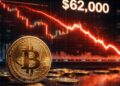 Moneda física de Bitcoin en primer plano con gráfico financiero a la baja