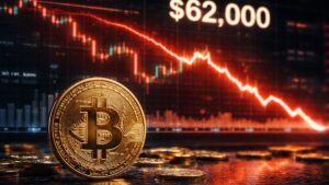 Moneda física de Bitcoin en primer plano con gráfico financiero a la baja