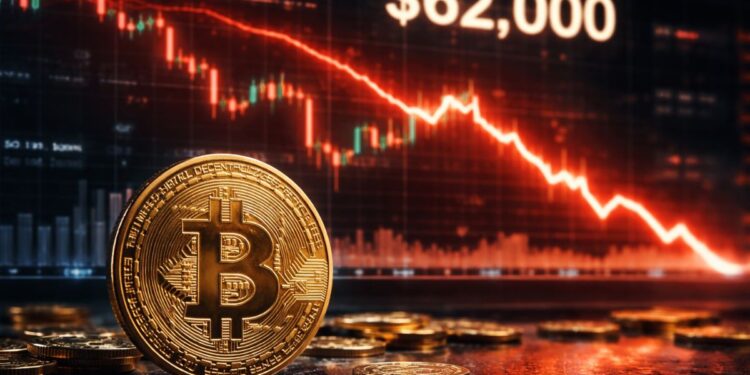Moneda física de Bitcoin en primer plano con gráfico financiero a la baja