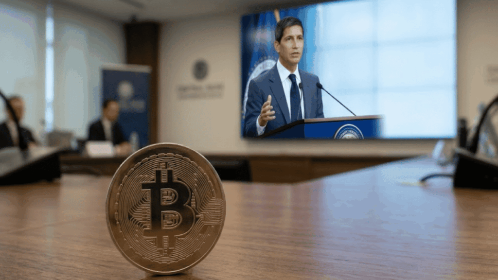 Primer plano: moneda de bitcoin. Fondo: Kevin Warsh dando un discurso.