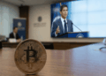 Primer plano: moneda de bitcoin. Fondo: Kevin Warsh dando un discurso.